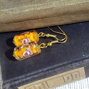 Orange Murano Lampwork Glass Flower Inside Vintage Beads Round Tube Earrings